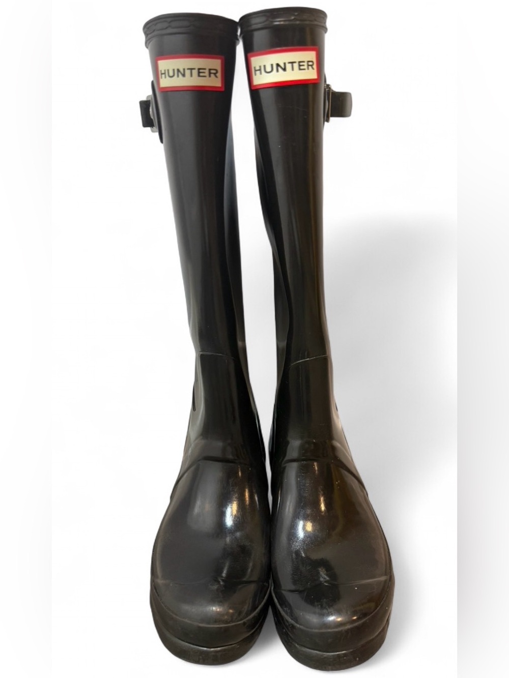 Hunter Black Tall Glossy Waterproof Rain Boots Knee High Buckle Women US 7 EU 38
